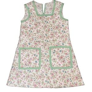 Vintage 60s 70s‎ Handmade Girls Calico Floral Pinafore Dress Green Trim 4T 5T